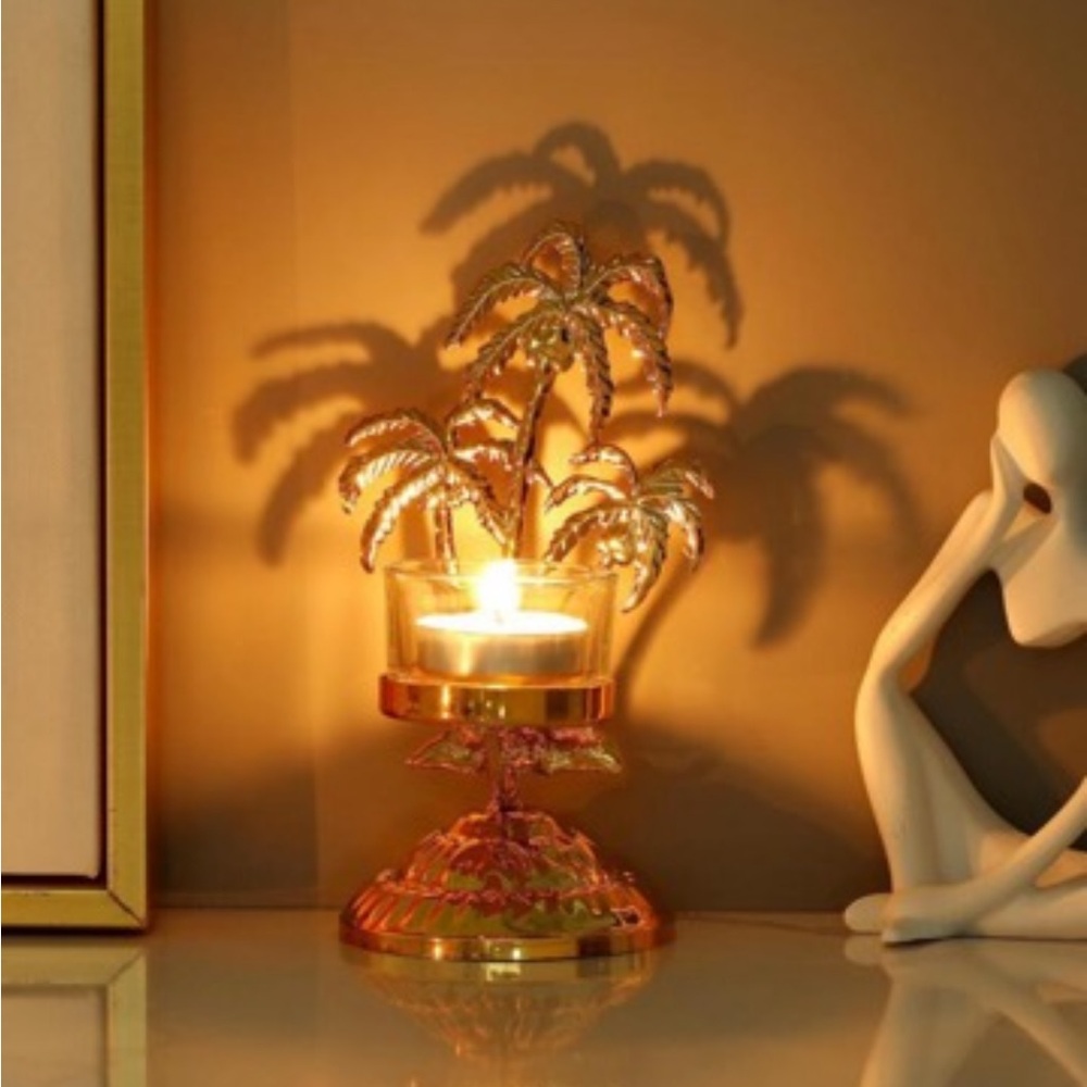Gold Palm Tree Tea-light Holder, Palm Tree Candle Holder, Coastal Candle Holder